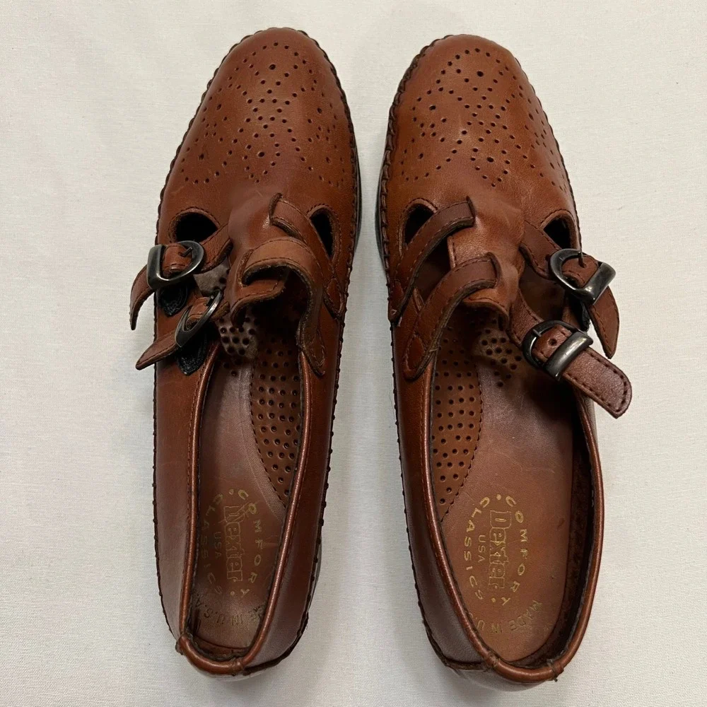 Dexter Vintage Comfort Classics USA Brown Leather Buckle T-Strap Shoes Size 8.5